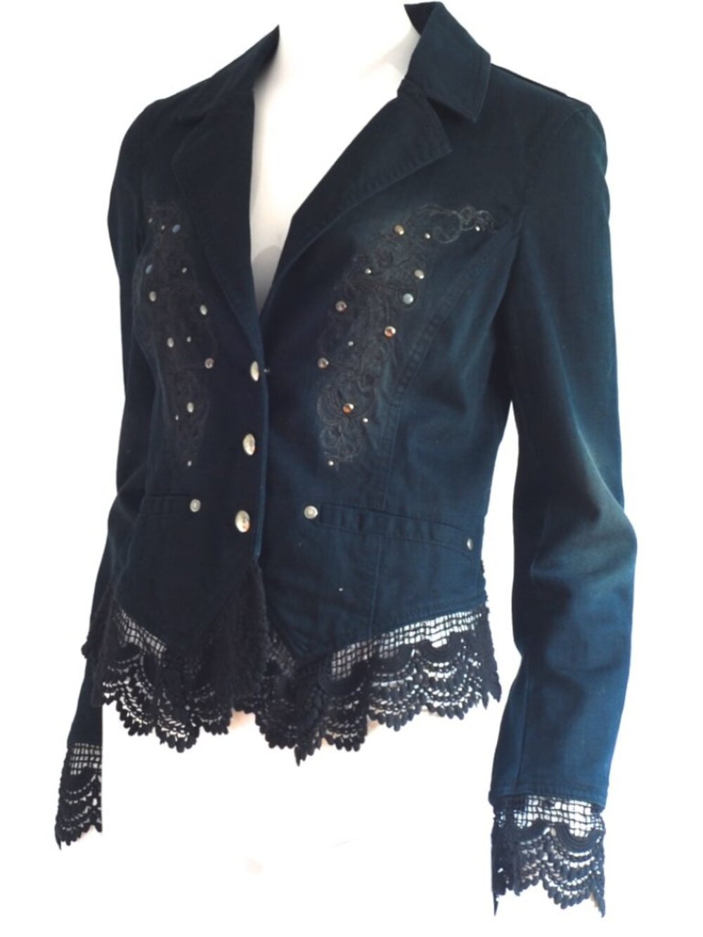 Claire Jeans Black Denim Jacket With Lace Trim & Accents
